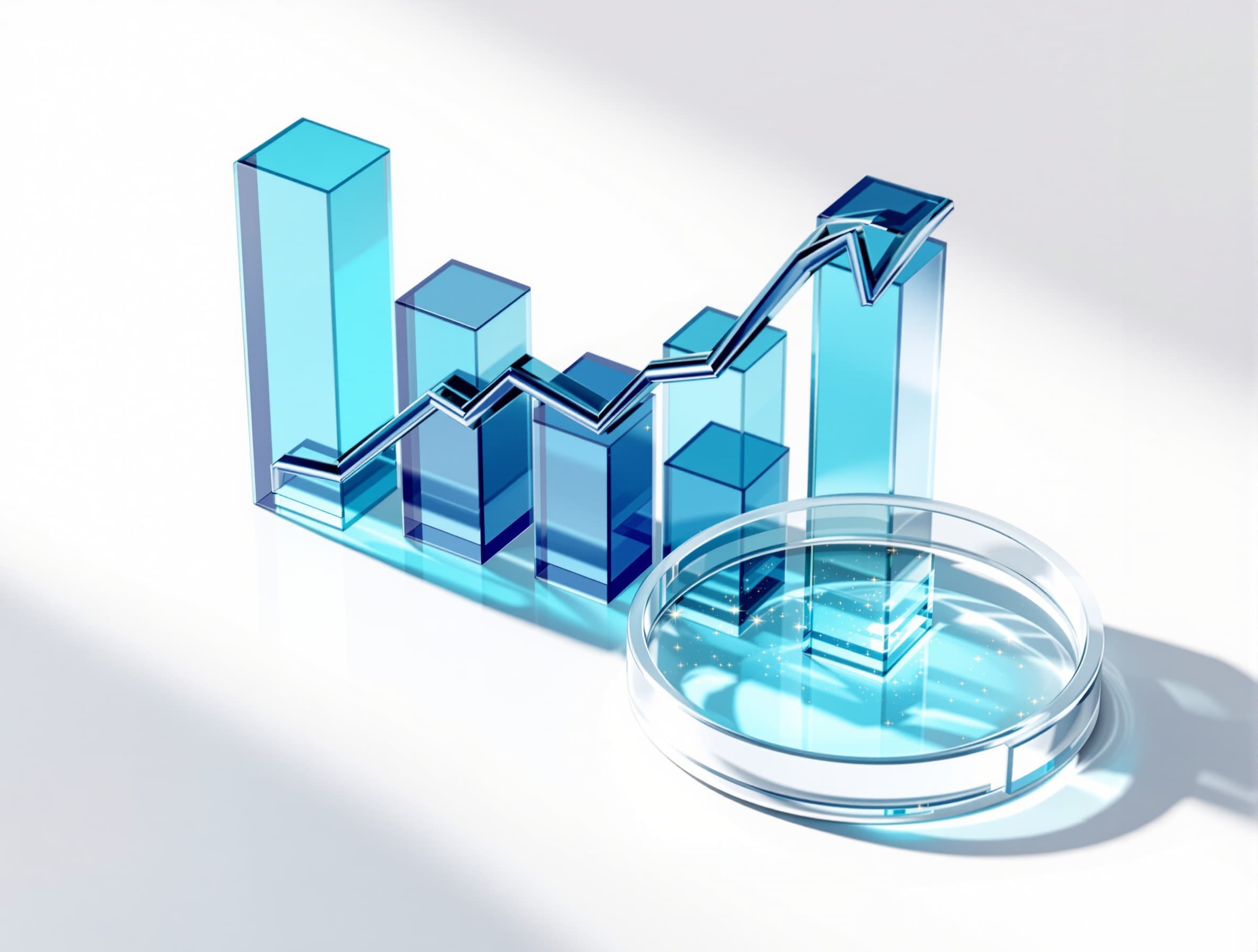 Glass bar chart with a rising trend arc and a magnifying lens