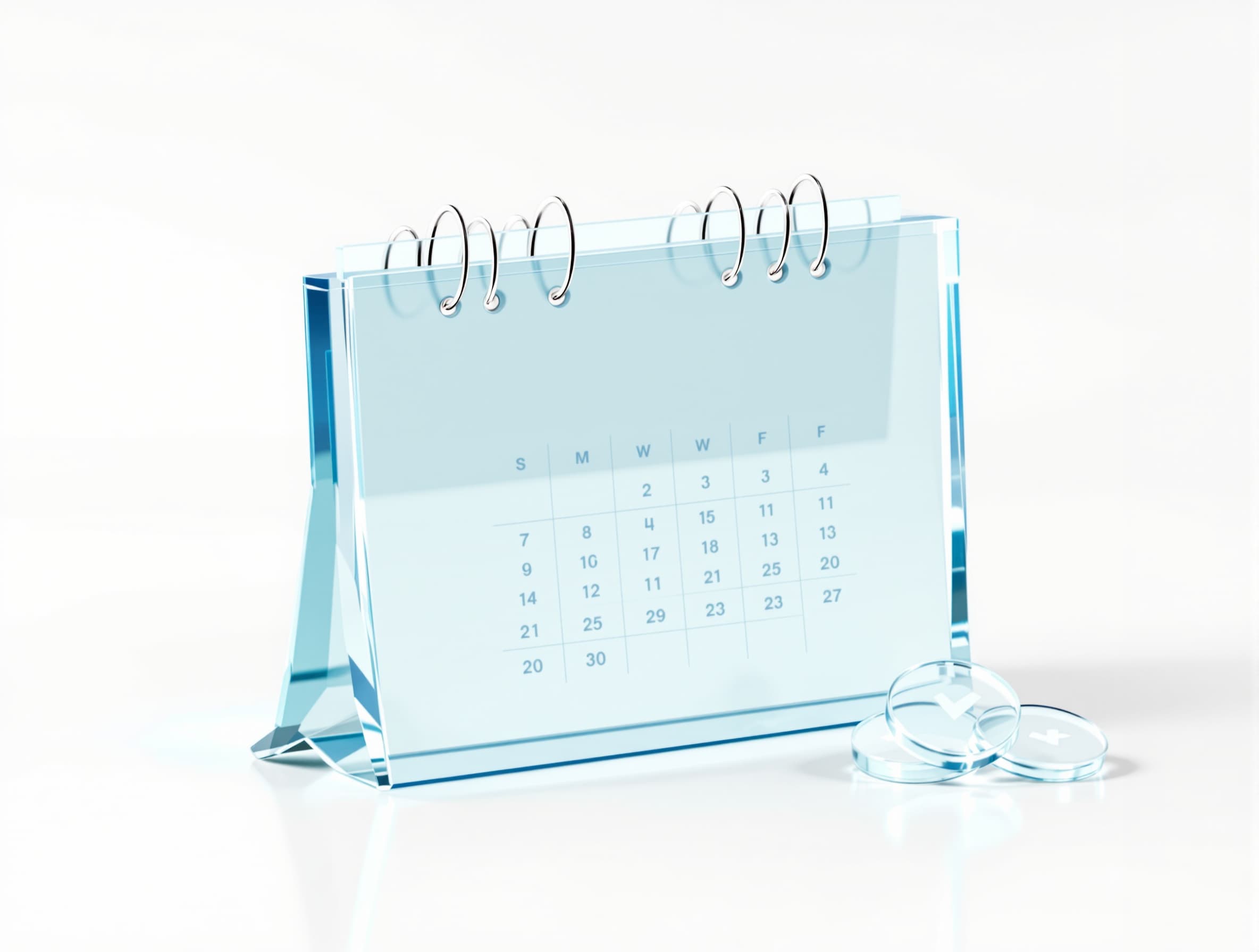 Glass desk calendar with checkmark tokens — the two-week pilot